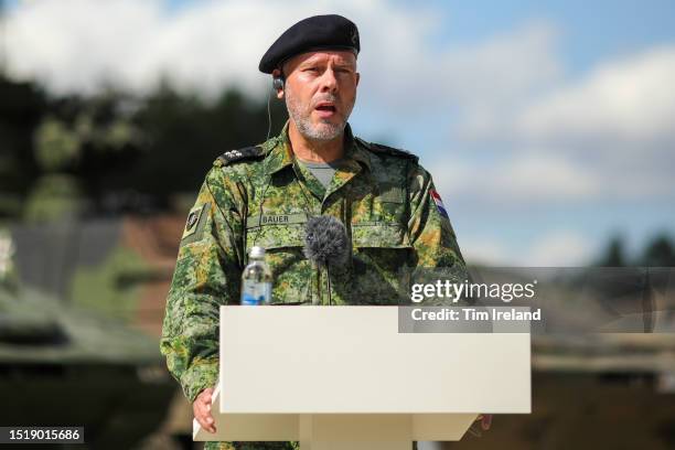 Admiral Rob Bauer, Chair of the Military Committee of NATO, addresses members of the German-French Brigade on July 10, 2023 at the Gaiziunai military...