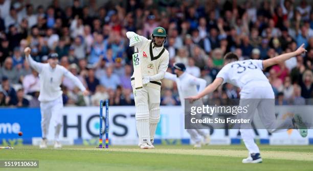 Usman Khawaja of Australia is bowled by Mark Wood of England during Day One of the LV= Insurance Ashes 3rd Test Match between England and Australia...