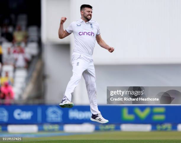 Mark Wood of England celebrates dismissing Usman Khawaja of Australia during Day One of the LV= Insurance Ashes 3rd Test Match between England and...