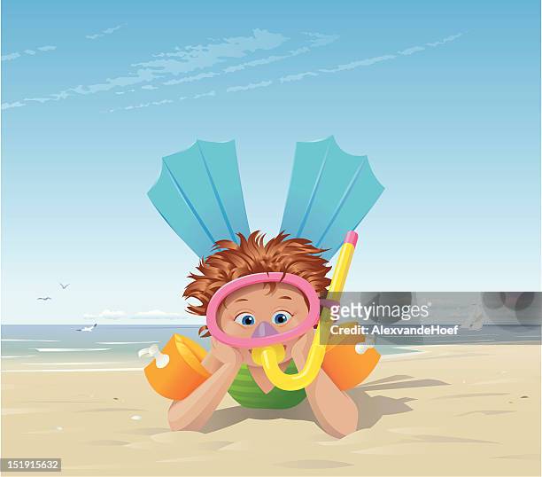 kleines mädchen am strand mit schwimmflossen und schnorchel - snorkel stock-grafiken, -clipart, -cartoons und -symbole