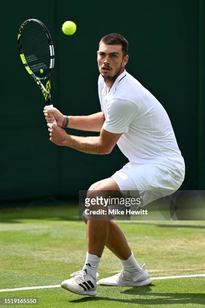 Maximilian Marterer of Germany plays a backhand against Michael Mmoh of United States in the Men's Singles second round match during day four of The...