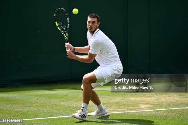 Maximilian Marterer of Germany plays a backhand against Michael Mmoh of United States in the Men's Singles second round match during day four of The...