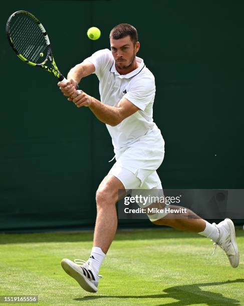 Maximilian Marterer of Germany plays a backhand against Michael Mmoh of United States in the Men's Singles second round match during day four of The...