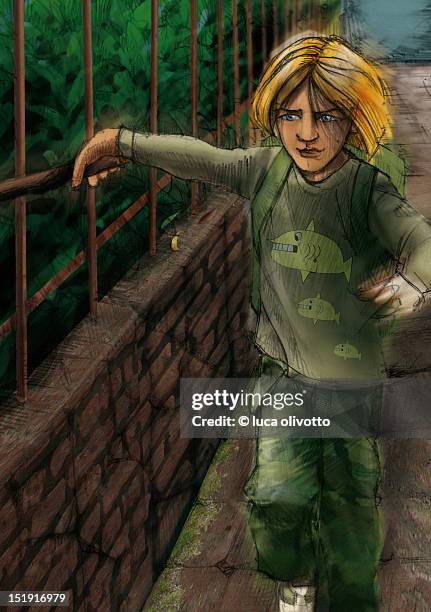 boy with stick - cobblestone wall stock illustrations
