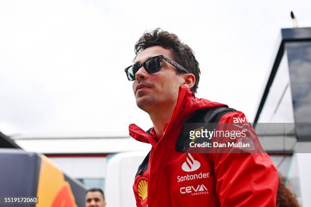Charles Leclerc of Monaco and Ferrari walks in the Paddock during previews ahead of the F1 Grand Prix of Great Britain at Silverstone Circuit on July...