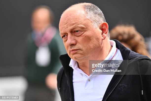 Ferrari Team Principal Frederic Vasseur walks in the Paddock during previews ahead of the F1 Grand Prix of Great Britain at Silverstone Circuit on...