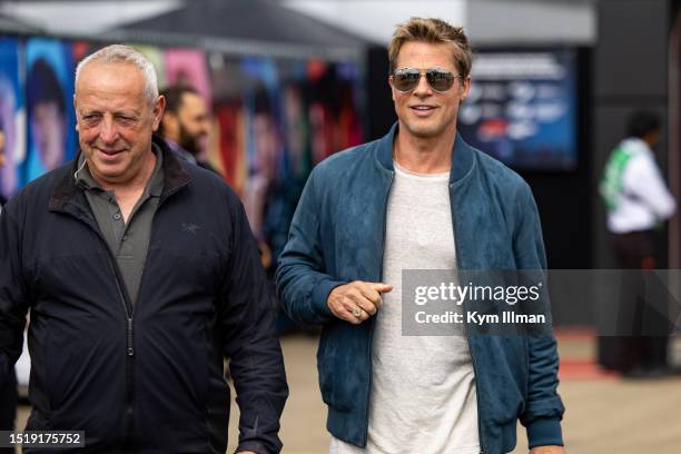 American actor and star of a new Apple movie about Formula 1 Brad Pitt leaves the paddock during previews ahead of the F1 Grand Prix of Great Britain...