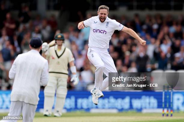 Chris Woakes of England celebrates dismissing Marnus Labuschagne of Australia during Day One of the LV= Insurance Ashes 3rd Test Match between...
