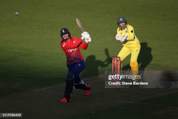 Sophie Ecclestone of England hits a four during the Women's Ashes 2nd Vitality IT20 match between England and Australia at The Kia Oval on July 05,...