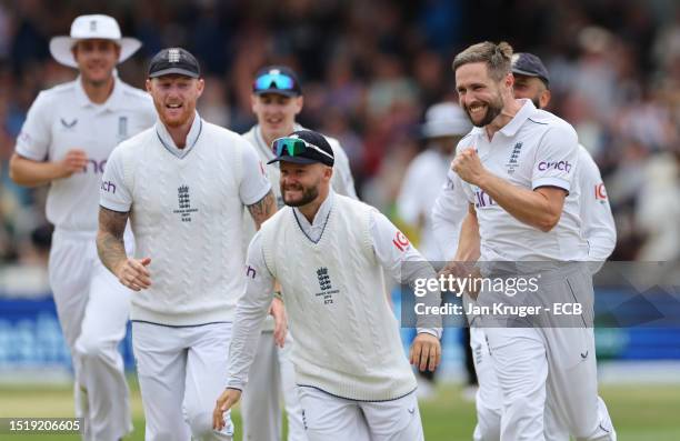 Chris Woakes of England celebrates dismissing Marnus Labuschagne of Australia during Day One of the LV= Insurance Ashes 3rd Test Match between...