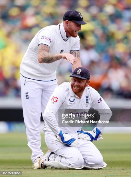England wicketkeeper Jonathan Bairstow with captain Ben Stokes after dropping Steve Smith of Australia during Day One of the LV= Insurance Ashes 3rd...