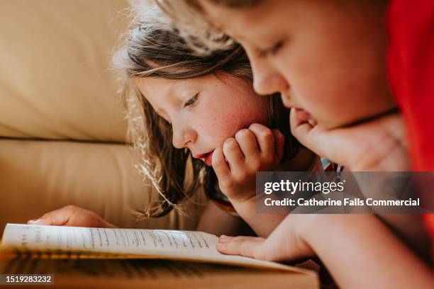 two children lie on their tummies and read the same book together - famille avec enfants photos et images de collection