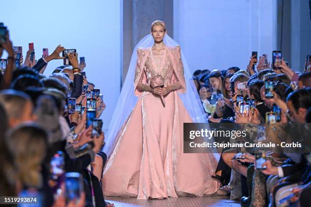 Sophie Bozhenova walks the runway during the Elie Saab Haute Couture Fall/Winter 2023/2024 show as part of Paris Fashion Week on July 05, 2023 in...