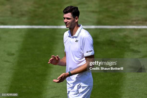 Hubert Hurkacz of Poland celebrates winning match point against Jan Choinski of Great Britain in the Men's Singles second round match during day four...