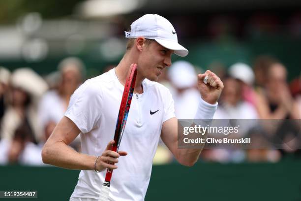 Denis Shapovalov of Canada celebrates against Gregoire Barrere of France in the Men's Singles second round match during day four of The Championships...