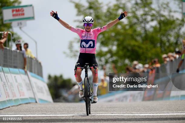 Annemiek Van Vleuten of The Netherlands and Movistar Team - Pink Leader Jersey celebrates at finish line as stage winner during the 34th Giro...