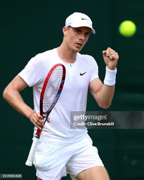 Denis Shapovalov of Canada celebrates against Gregoire Barrere of France in the Men's Singles second round match during day four of The Championships...