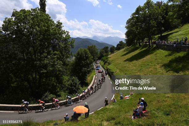 General view of Wout Van Aert of Belgium and Team Jumbo-Visma, Matteo Trentin of Italy and UAE Team Emirates, Michal Kwiatkowski of Poland and Team...