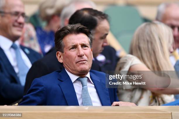 Sebastian Coe, President of the IAAF, looks on from the Royal Box before the Centre Court Men's Singles second round match between Liam Broady of...