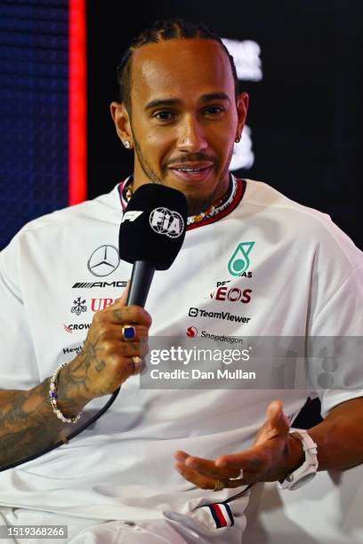 Lewis Hamilton of Great Britain and Mercedes attends the Drivers Press Conference during previews ahead of the F1 Grand Prix of Great Britain at...