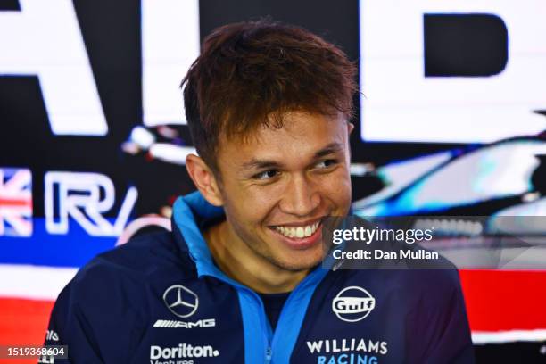 Alexander Albon of Thailand and Williams attends the Drivers Press Conference during previews ahead of the F1 Grand Prix of Great Britain at...