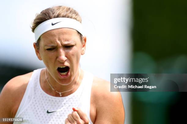 Victoria Azarenka celebrates against Nadia Podoroska of Argentina in the Women's Singles second round match during day four of The Championships...
