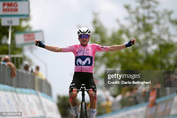 Annemiek Van Vleuten of The Netherlands and Movistar Team - Pink Leader Jersey celebrates at finish line as stage winner during the 34th Giro...