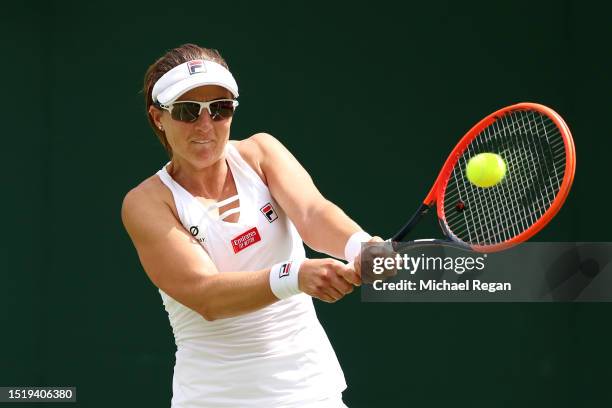 Nadia Podoroska of Argentina plays a backhand against Victoria Azarenka in the Women's Singles second round match during day four of The...