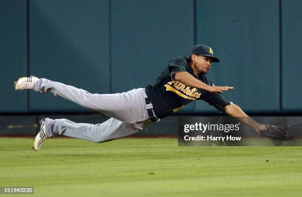 Coco Crisp of the Oakland Athletics makes a diving catch for an out of Chris Iannetta of the Los Angeles Angels during the fifth inning at Angel...