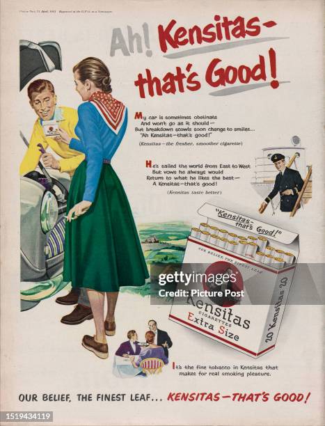 Advertisement for Kensitas cigarettes depicting a woman offering cigarettes to a man fixing a car, the slogan is 'Ah Kensitas that's good!'. Original...