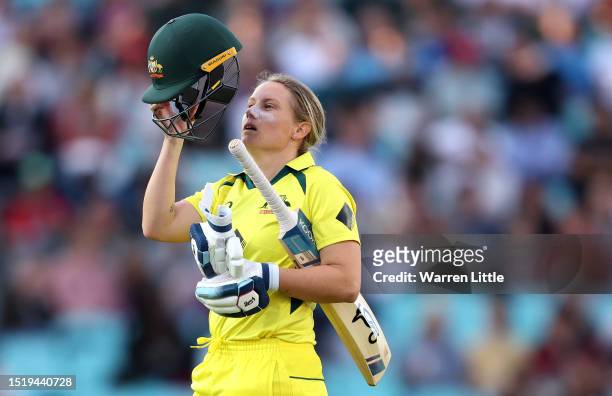 Alyssa Healy of Australia removes her helmet during the Women's Ashes 2nd Vitality IT20 match between England and Australia at The Kia Oval on July...