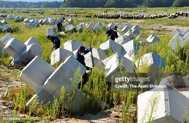 Police officers search the missings among the tsunami washed wave-dissipating blocks at former exclusion zone of the troubled Fukushima Daiichi...