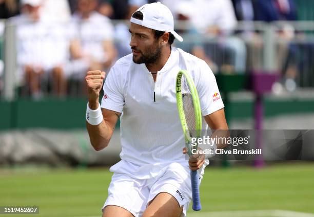 Matteo Berrettini of Italy celebrates against Lorenzo Sonego of Italy in the Men's Singles first round match during day four of The Championships...