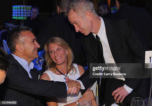 Dijana Djokovic and Srdjan Djokovic meet John McEnroe at The Novak Djokovic Foundation's inaugural dinner at Capitale on September 12, 2012 in New...