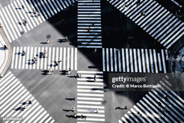 people walking at a crossroad in tokyo, japan - cruzamento de shibuya imagens e fotografias de stock
