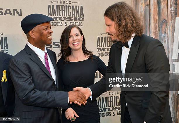 Honoree Booker T. Jones and Nominees Civil Wars Joy Williams, John Paul White on The Red Carpet before the 11th. Annual Americana Honors & Awards at...