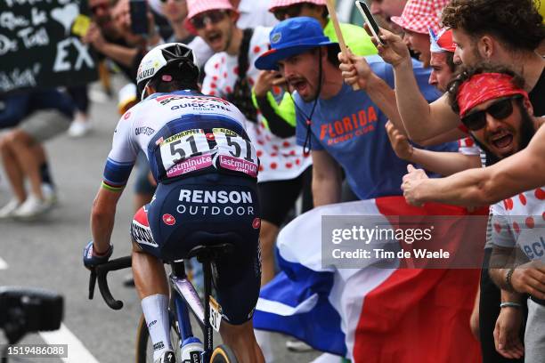 Julian Alaphilippe of France and Team Soudal - Quick Step competes in the breakaway while fans cheer during the stage six of the 110th Tour de France...