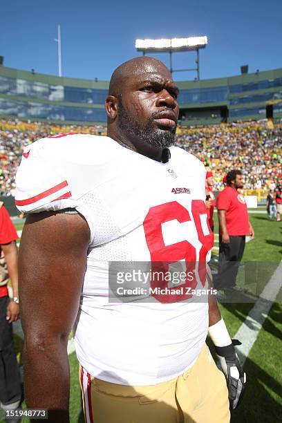 Leonard Davis of the San Francisco 49ers stands on the field prior to the game against the Green Bay Packers at Lambeau Field on September 9, 2012 in...