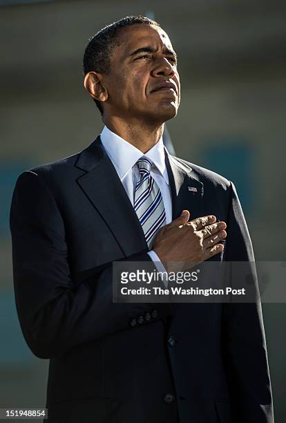 President Barack Obama attends a private ceremony on the 11th anniversary of the 9/11 attacks at the Pentagon in Arlington, Virginia, on Tuesday,...