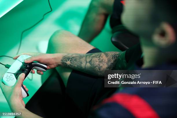 Detail view of a PS5 controller during the FIFAe Club World Cup 2023 on July 06, 2023 in Riyadh, Saudi Arabia.