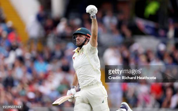 Mitchell Marsh of Australia celebrates reaching his century during Day One of the LV= Insurance Ashes 3rd Test Match between England and Australia at...