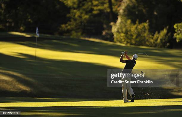 Lorenzo Gagli of Italy plays a shot during the first round of the BMW Italian open at Royal Park Golf & Country Club on September 13, 2012 in Turin,...