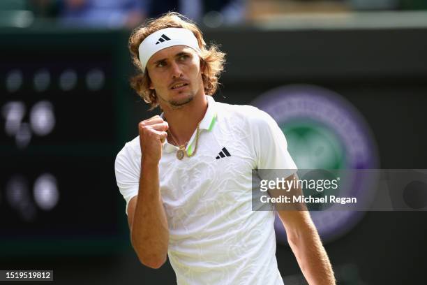 Alexander Zverev of Germany celebrates against Gijs Brouwer of Netherlands in the Men's Singles first round match during day four of The...