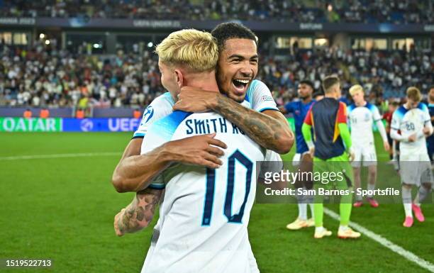 Levi Colwill, left, and Emile Smith Rowe of England celebrate after their side's victory in the UEFA Under-21 EURO 2023 Final match between England...