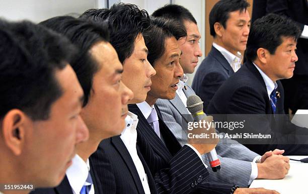 Hiroshi Ueno , Shinji Oguma , Kenta Matsunami , Yorihisa Matsuno , Takashi Ishizeki , Fumiki Sakurauchi and Masashi Mito attend the press conference...