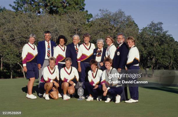 Founder of the Solheim Cup, Karsten Solheim and Kathy Whitworth, Team Captain for the United States with the Waterford Crystal Solheim Trophy and...