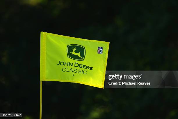 Pin flag is seen on the 14th green during the first round of the John Deere Classic at TPC Deere Run on July 06, 2023 in Silvis, Illinois.