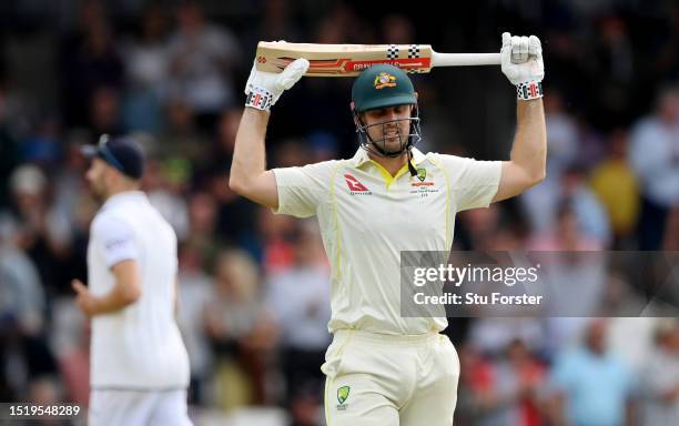 Mitchell Marsh of Australia leaves the field after being dismissed by Chris Woakes of England for 118 runs during Day One of the LV= Insurance Ashes...