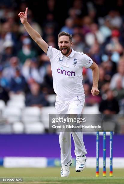 Chris Woakes of England celebrates dismissing Mitchell Marsh of Australia during Day One of the LV= Insurance Ashes 3rd Test Match between England...