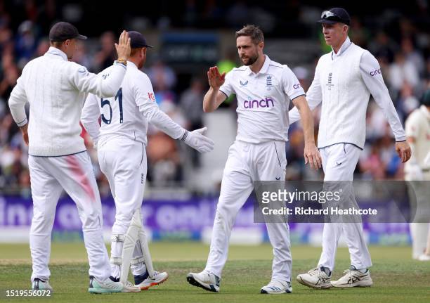 Chris Woakes of England celebrates dismissing Mitchell Marsh of Australia during Day One of the LV= Insurance Ashes 3rd Test Match between England...